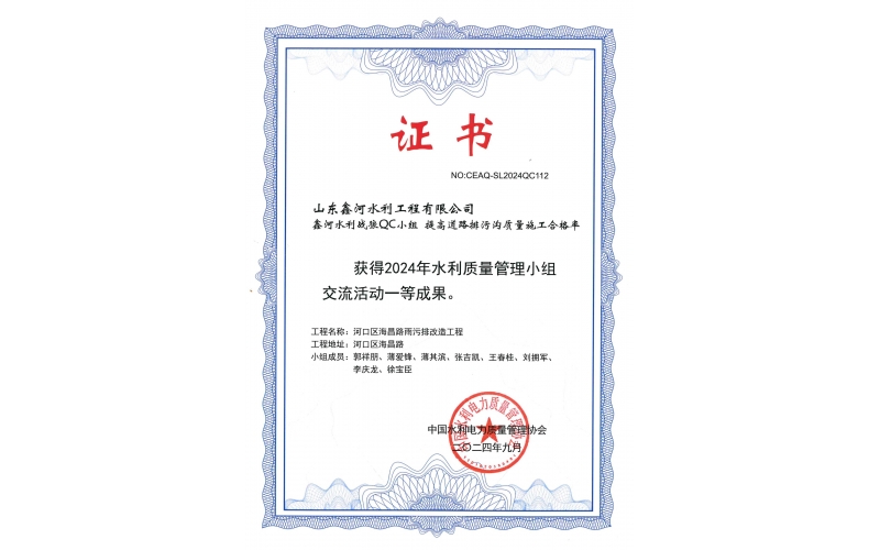 QC成果“提高道路排污溝質量施工合格率”中國水利電力質量管理協(xié)會一等成果（2024年9月）